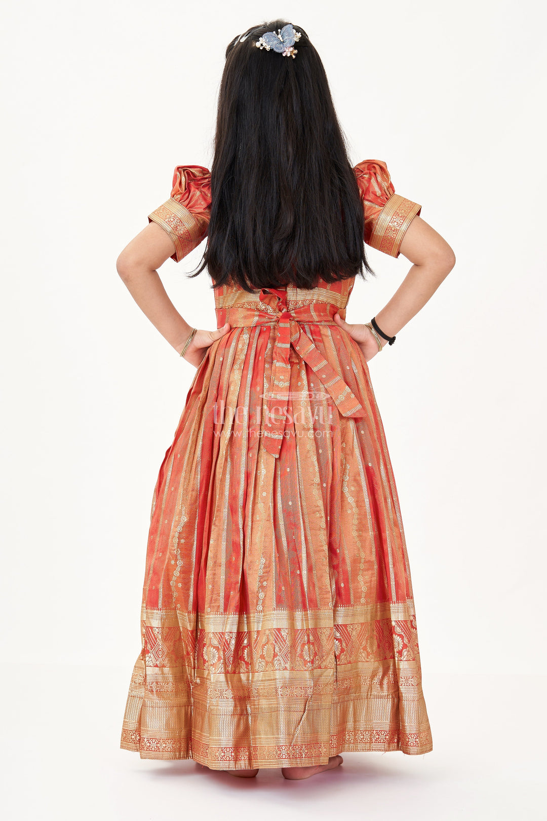 The Nesavu Girls Silk Gown Girls Frock Gown in Organza Silk Banarasi with Zari Border and Puff Sleeves Nesavu Girls Frock Gown Organza Banarasi Silk Zari Border Puff Sleeves | The Nesavu