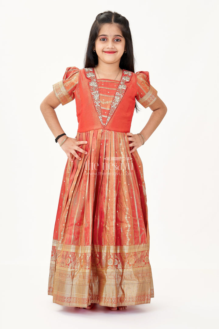 The Nesavu Girls Silk Gown Girls Frock Gown in Organza Silk Banarasi with Zari Border and Puff Sleeves Nesavu Girls Frock Gown Organza Banarasi Silk Zari Border Puff Sleeves | The Nesavu