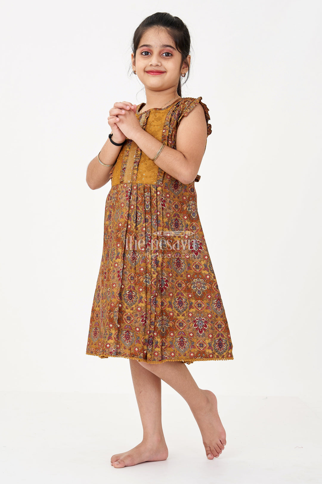 The Nesavu Girls Cotton Frock Girls Frock in Cotton with Vintage Floral Patterns and Pleated Detailing for an Elegant Look Nesavu 22 (4Y) / Yellow GFC1631A-22 Girls Frock Cotton Vintage Floral Prints Elegant Pleated Detailing | The Nesavu