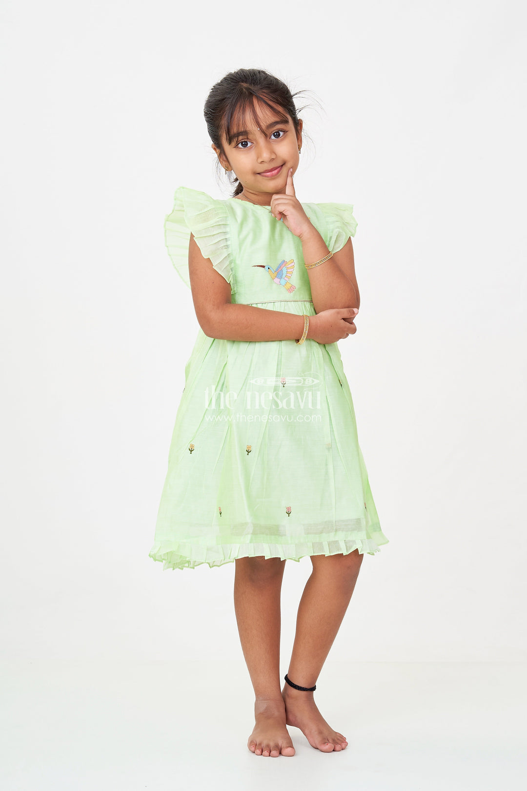 The Nesavu Girls Chanderi Frock Girls Frock Night Dress in Light Green Chanderi with Bird Embroidery and Layered Frill Sleeves Nesavu 16 (1Y) / Green GFC1722A-16 Girls frock night dress Green Chanderi Bird Embroidery Frill Sleeve Detailing | The Nesavu