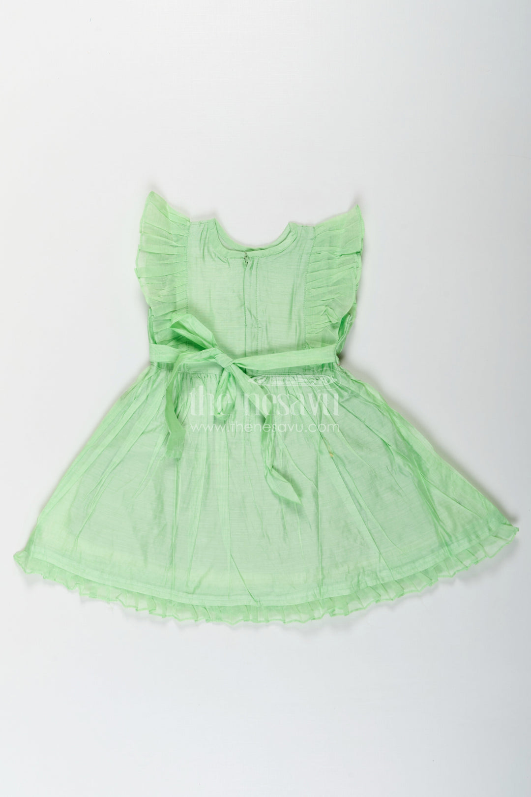The Nesavu Girls Chanderi Frock Girls Frock Night Dress in Light Green Chanderi with Bird Embroidery and Layered Frill Sleeves Nesavu Girls frock night dress Green Chanderi Bird Embroidery Frill Sleeve Detailing | The Nesavu