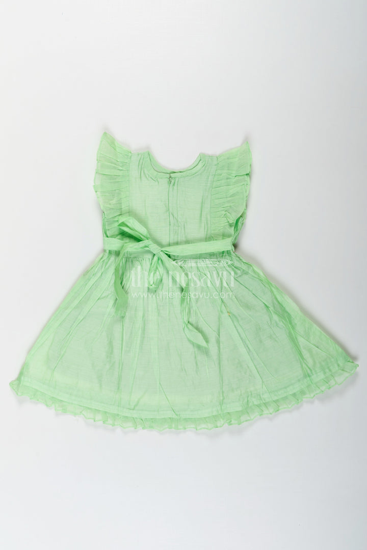 The Nesavu Girls Chanderi Frock Girls Frock Night Dress in Light Green Chanderi with Bird Embroidery and Layered Frill Sleeves Nesavu Girls frock night dress Green Chanderi Bird Embroidery Frill Sleeve Detailing | The Nesavu
