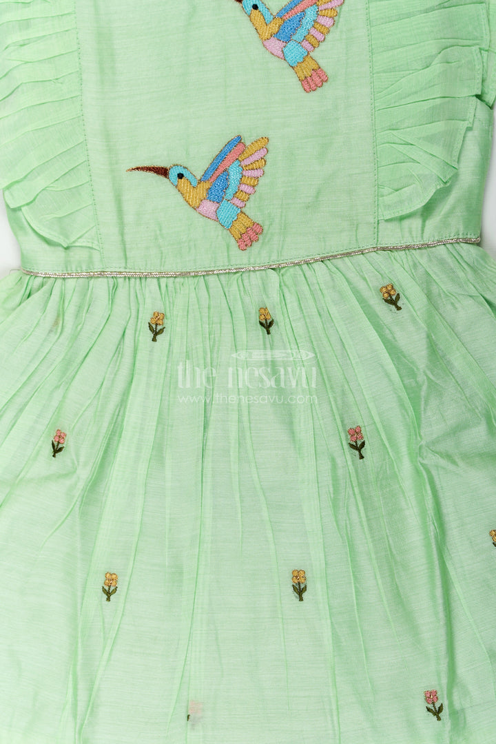 The Nesavu Girls Chanderi Frock Girls Frock Night Dress in Light Green Chanderi with Bird Embroidery and Layered Frill Sleeves Nesavu Girls frock night dress Green Chanderi Bird Embroidery Frill Sleeve Detailing | The Nesavu