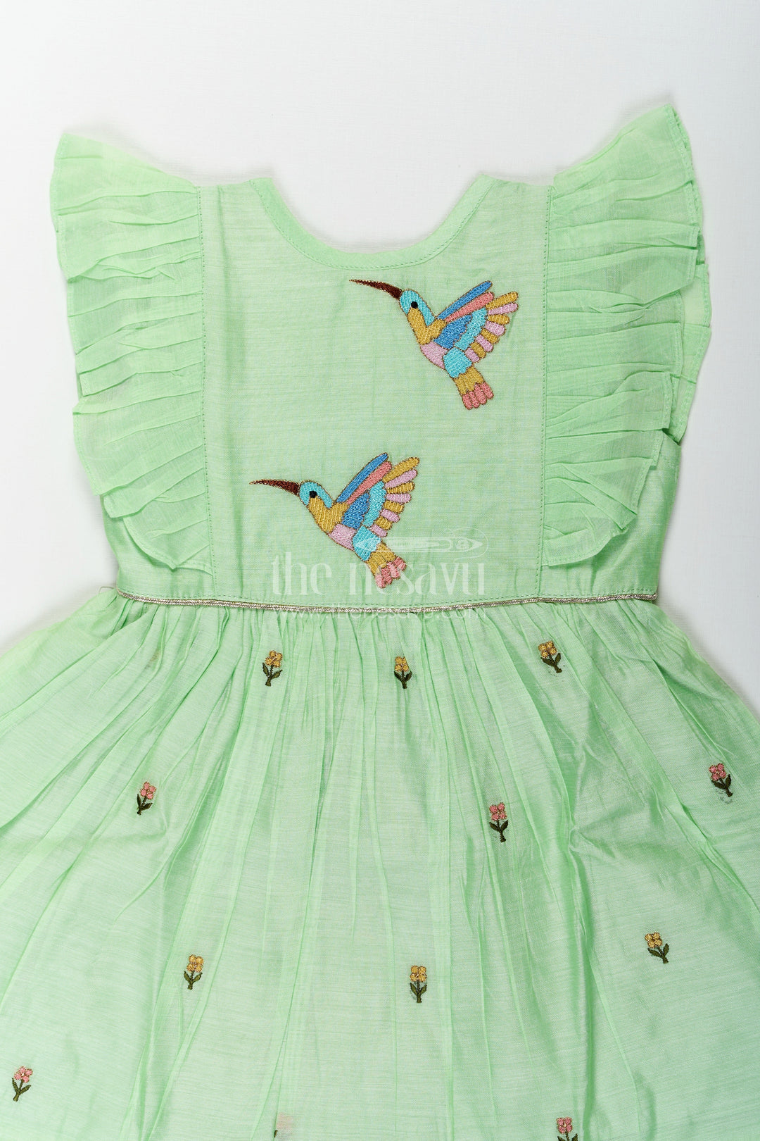 The Nesavu Girls Chanderi Frock Girls Frock Night Dress in Light Green Chanderi with Bird Embroidery and Layered Frill Sleeves Nesavu Girls frock night dress Green Chanderi Bird Embroidery Frill Sleeve Detailing | The Nesavu