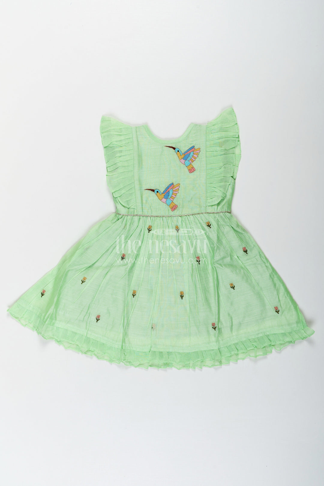The Nesavu Girls Chanderi Frock Girls Frock Night Dress in Light Green Chanderi with Bird Embroidery and Layered Frill Sleeves Nesavu Girls frock night dress Green Chanderi Bird Embroidery Frill Sleeve Detailing | The Nesavu