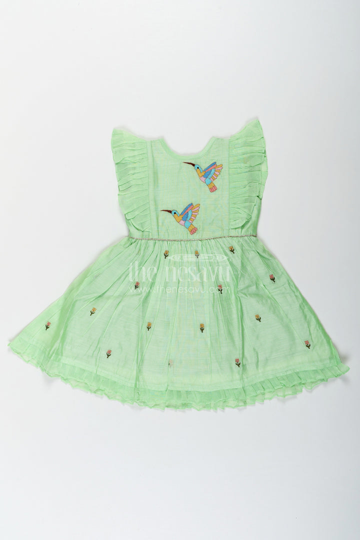 The Nesavu Girls Chanderi Frock Girls Frock Night Dress in Light Green Chanderi with Bird Embroidery and Layered Frill Sleeves Nesavu Girls frock night dress Green Chanderi Bird Embroidery Frill Sleeve Detailing | The Nesavu