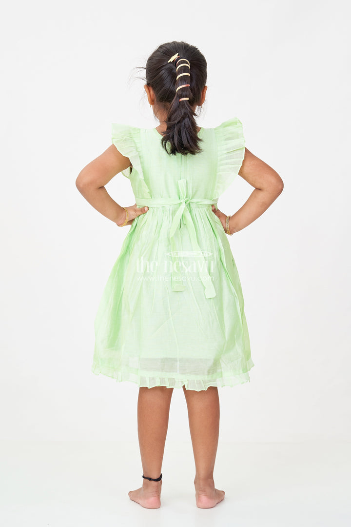The Nesavu Girls Chanderi Frock Girls Frock Night Dress in Light Green Chanderi with Bird Embroidery and Layered Frill Sleeves Nesavu Girls frock night dress Green Chanderi Bird Embroidery Frill Sleeve Detailing | The Nesavu
