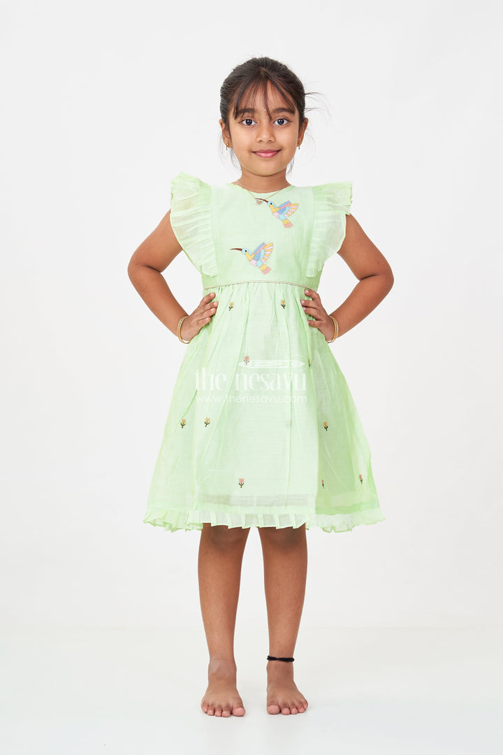 The Nesavu Girls Chanderi Frock Girls Frock Night Dress in Light Green Chanderi with Bird Embroidery and Layered Frill Sleeves Nesavu Girls frock night dress Green Chanderi Bird Embroidery Frill Sleeve Detailing | The Nesavu