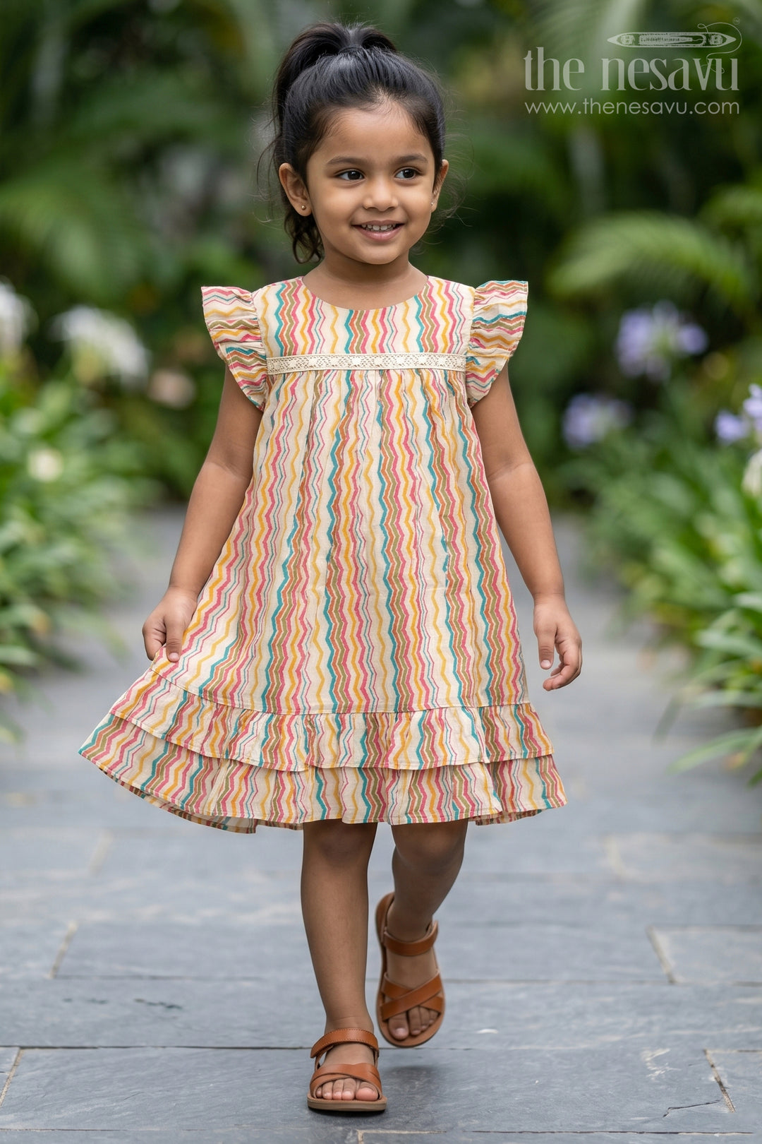 The Nesavu Girls Fancy Frock Girls Frock Online Shopping in Cream Modal Silk with Multicolor Zigzag Print and Frill Sleeves Nesavu 18 (2Y) / Multicolor GFC1769A-18 Nesavu Girls Modal Silk Frock Online Shopping Pick Multicolor Zigzag Print Ruffle Sleeves