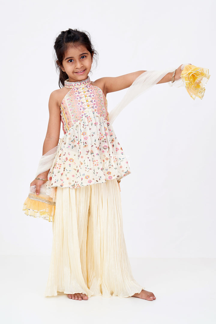 The Nesavu Girls Sharara / Plazo Set Girls Frock Plazo Set in Pure Georgette with Floral Embroidery and Halter Neck Choli Nesavu Girls Frock Plazo Set Pure Georgette Floral Embroidery Halter Neck Choli | The Nesavu