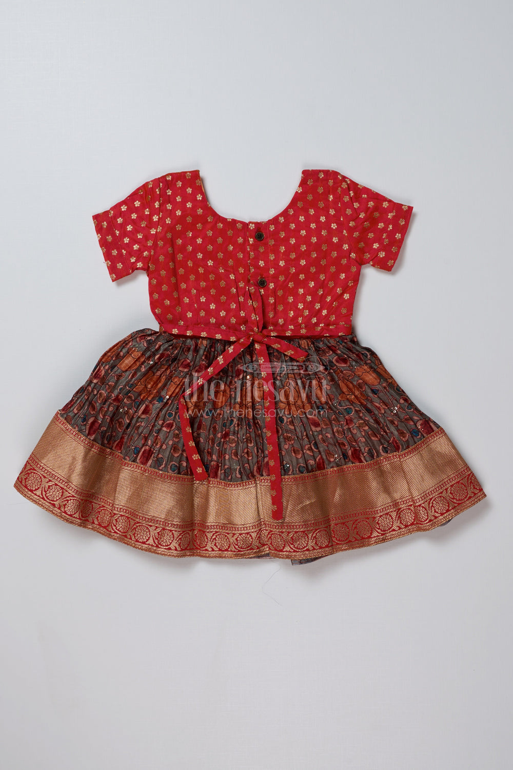The Nesavu Silk Frock Girls Frock Suit Red in Chinon Pleated Silk Blend with Zari Border and Traditional Prints Nesavu Nesavu Girls Frock Suit Red Chinon Pleated Silk Blend Zari Border Traditional Prints