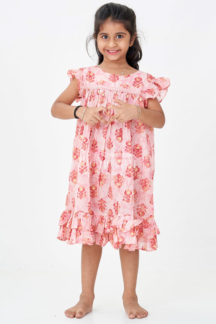 The Nesavu Girls Fancy Frock Girls Frock Type One Piece in Pink Rayon with Leaf Motifs and Frilly Sleeves for Casual Chic Nesavu 18 (2Y) / Pink GFC1761A-18 Nesavu Pink Rayon Frock Type One Piece Bold Leaf Digital Prints Ruffle Hem