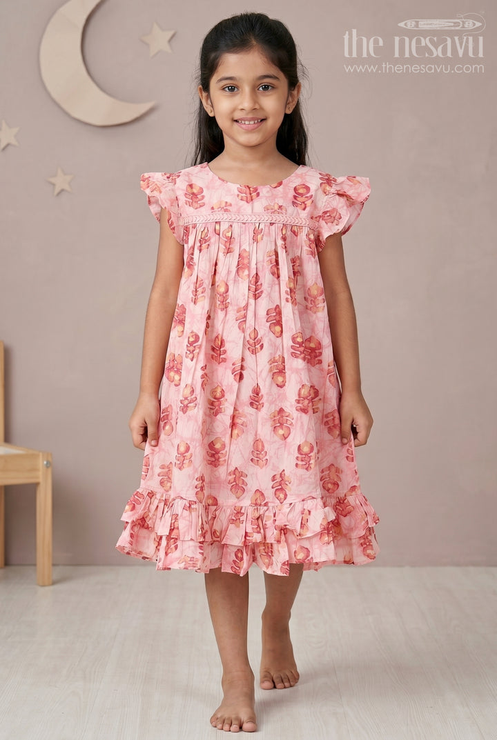 The Nesavu Girls Fancy Frock Girls Frock Type One Piece in Pink Rayon with Leaf Motifs and Frilly Sleeves for Casual Chic Nesavu 18 (2Y) / Pink GFC1761A-18 Nesavu Pink Rayon Frock Type One Piece Bold Leaf Digital Prints Ruffle Hem