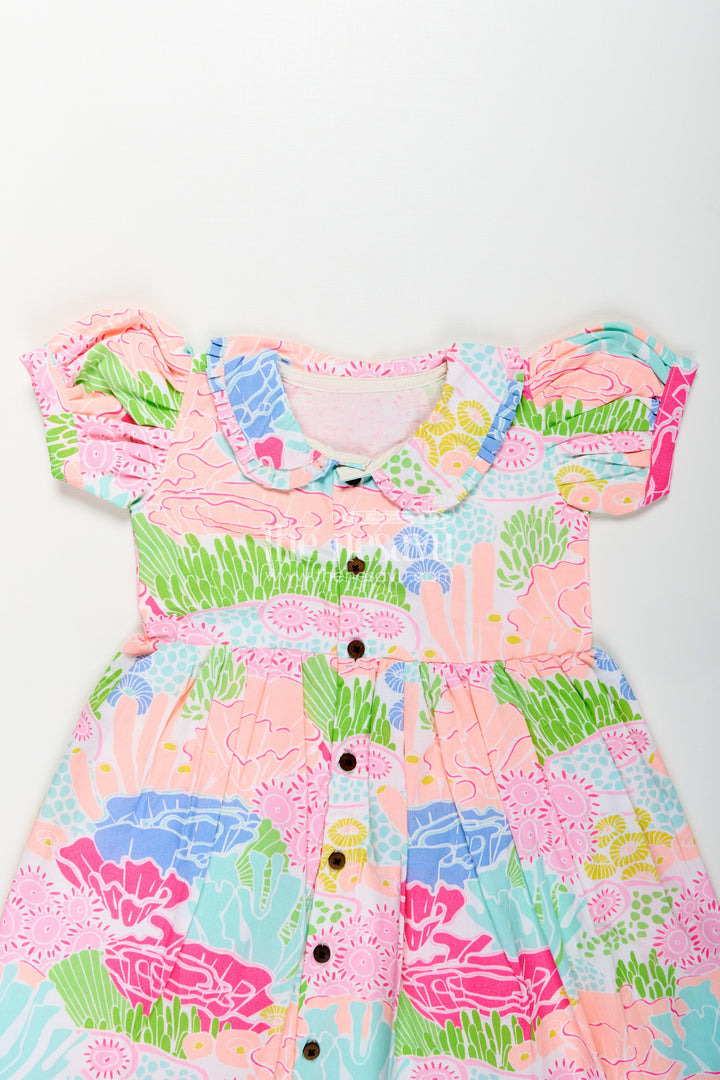 The Nesavu Girls Cotton Frock Girls Frocks Cotton Dress with Bright Digital Print and Colorful Ruffle Collar for Everyday Style Nesavu 18 (2Y) / Cream GFC1708A-18 Girls Cotton Frock Vibrant Digital Prints Puff Sleeves Comfortable Everyday Fashion | The Nesavu