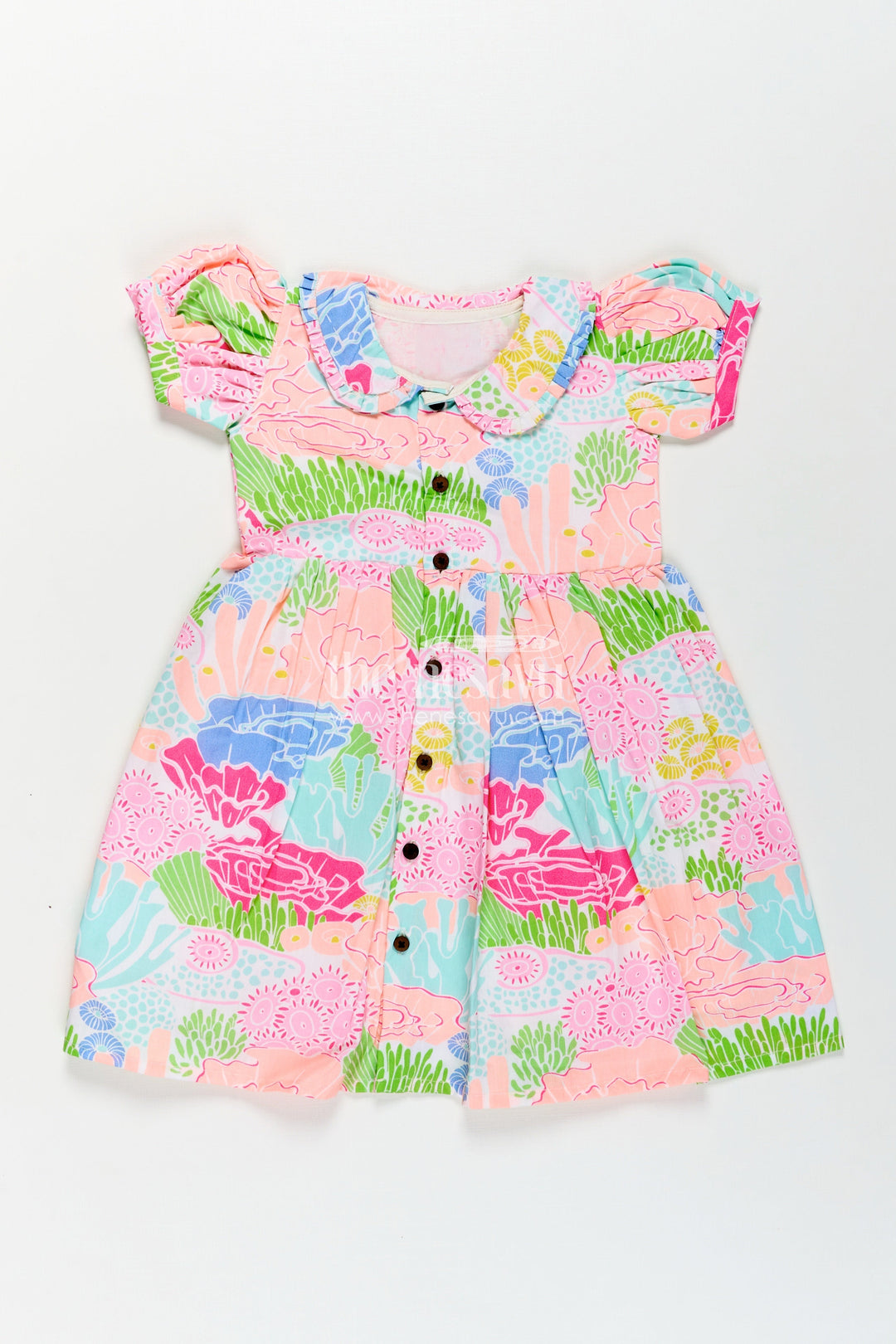 The Nesavu Girls Cotton Frock Girls Frocks Cotton Dress with Bright Digital Print and Colorful Ruffle Collar for Everyday Style Nesavu Girls Cotton Frock Vibrant Digital Prints Puff Sleeves Comfortable Everyday Fashion | The Nesavu