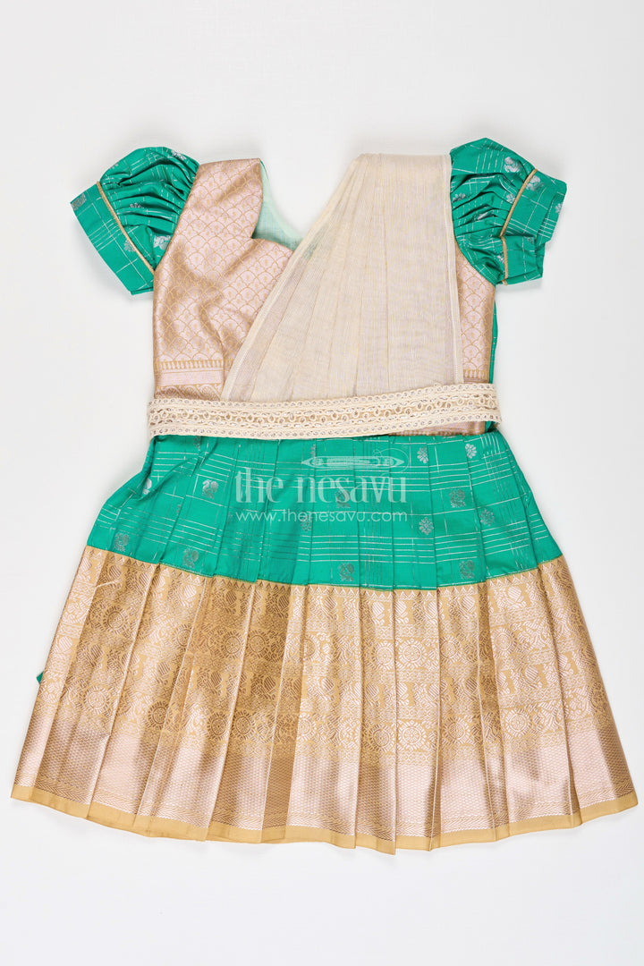 The Nesavu Girls Kanchi Silk Frock Girls Frocks Designs in Green Semi Kanchivaram Silk with Thread Embroidery and Lace Dupatta Nesavu 14 (6M) / Green / Style 1 SF837FA-14 Nesavu Girls Green Frocks Designs in Semi Kanchivaram Silk with Embroidery and Lace Dupatta