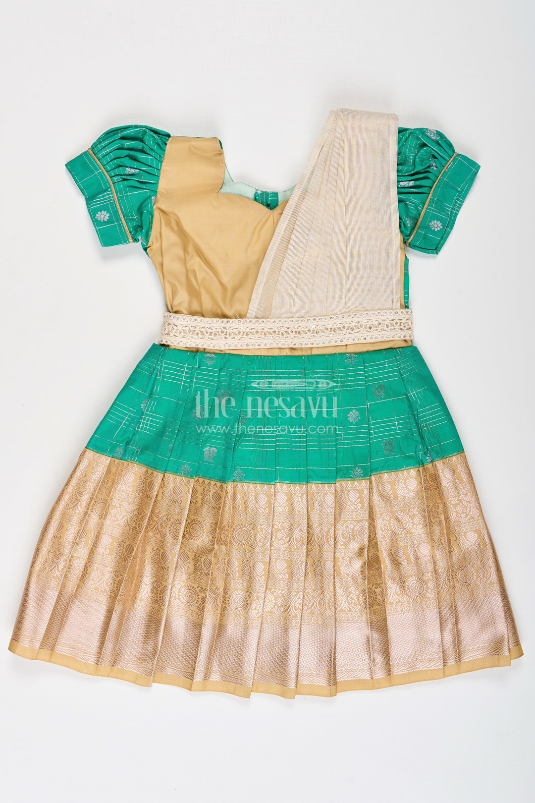 The Nesavu Girls Kanchi Silk Frock Girls Frocks Designs in Green Semi Kanchivaram Silk with Thread Embroidery and Lace Dupatta Nesavu 14 (6M) / Green / Style 3 SF837FC-14 Nesavu Girls Green Frocks Designs in Semi Kanchivaram Silk with Embroidery and Lace Dupatta