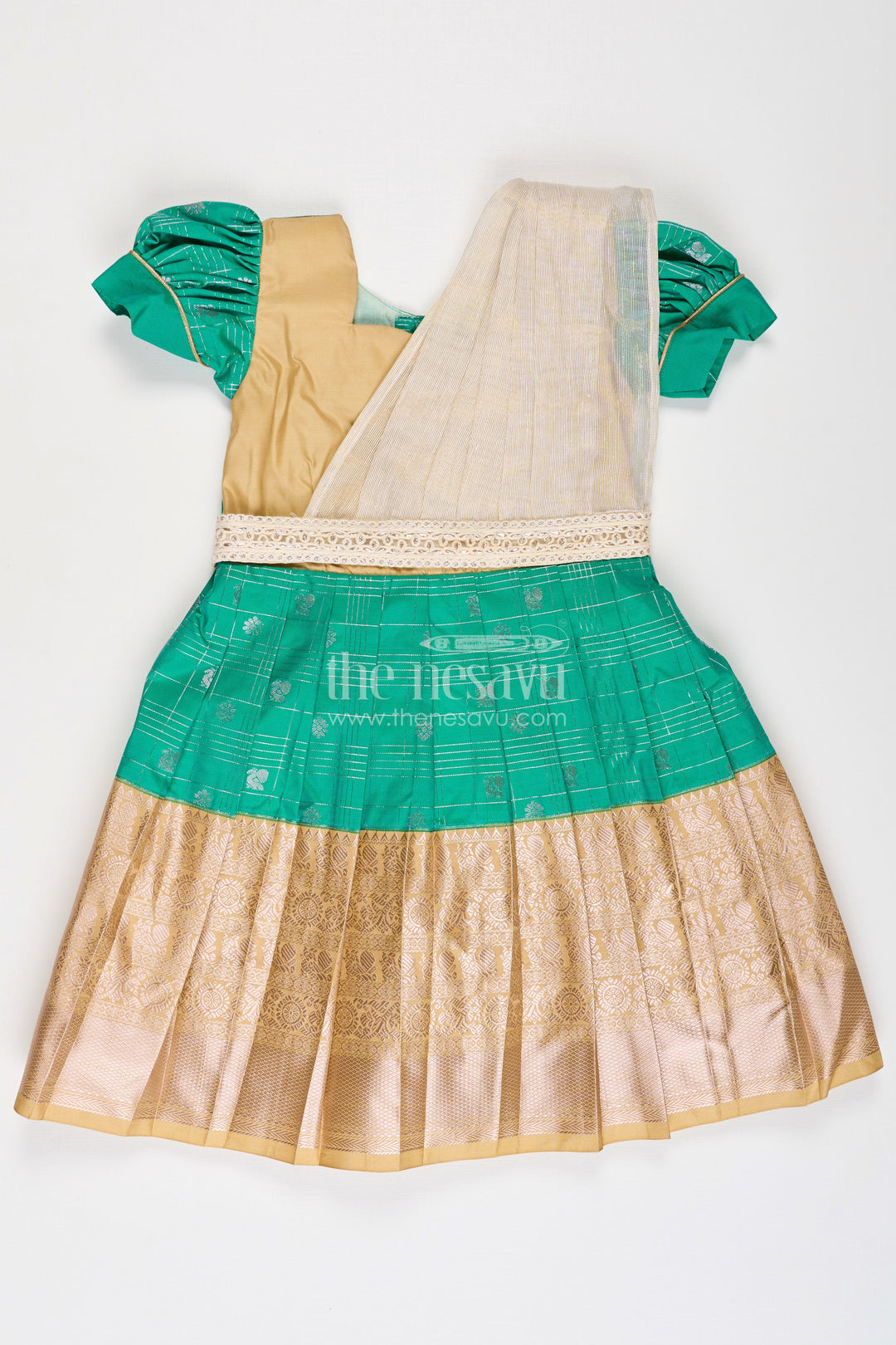 The Nesavu Girls Kanchi Silk Frock Girls Frocks Designs in Green Semi Kanchivaram Silk with Thread Embroidery and Lace Dupatta Nesavu 14 (6M) / Green / Style 4 SF837FD-14 Nesavu Girls Green Frocks Designs in Semi Kanchivaram Silk with Embroidery and Lace Dupatta