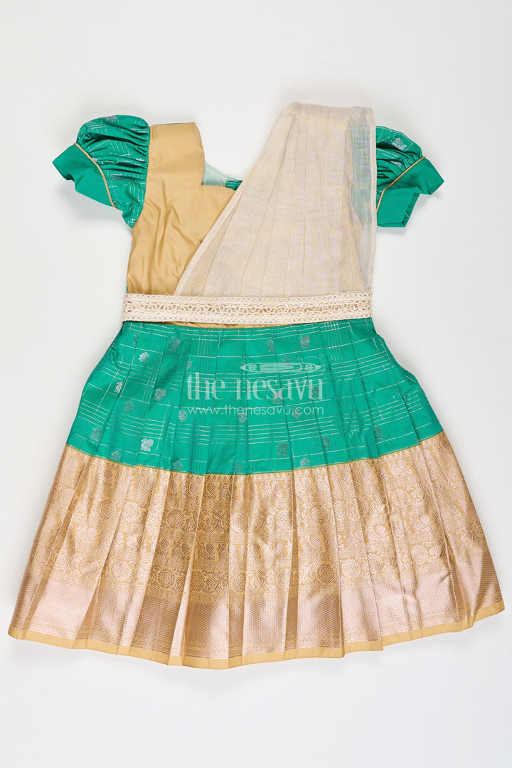 The Nesavu Girls Kanchi Silk Frock Girls Frocks Designs in Green Semi Kanchivaram Silk with Thread Embroidery and Lace Dupatta Nesavu 14 (6M) / Green / Style 4 SF837FD-14 Nesavu Girls Green Frocks Designs in Semi Kanchivaram Silk with Embroidery and Lace Dupatta