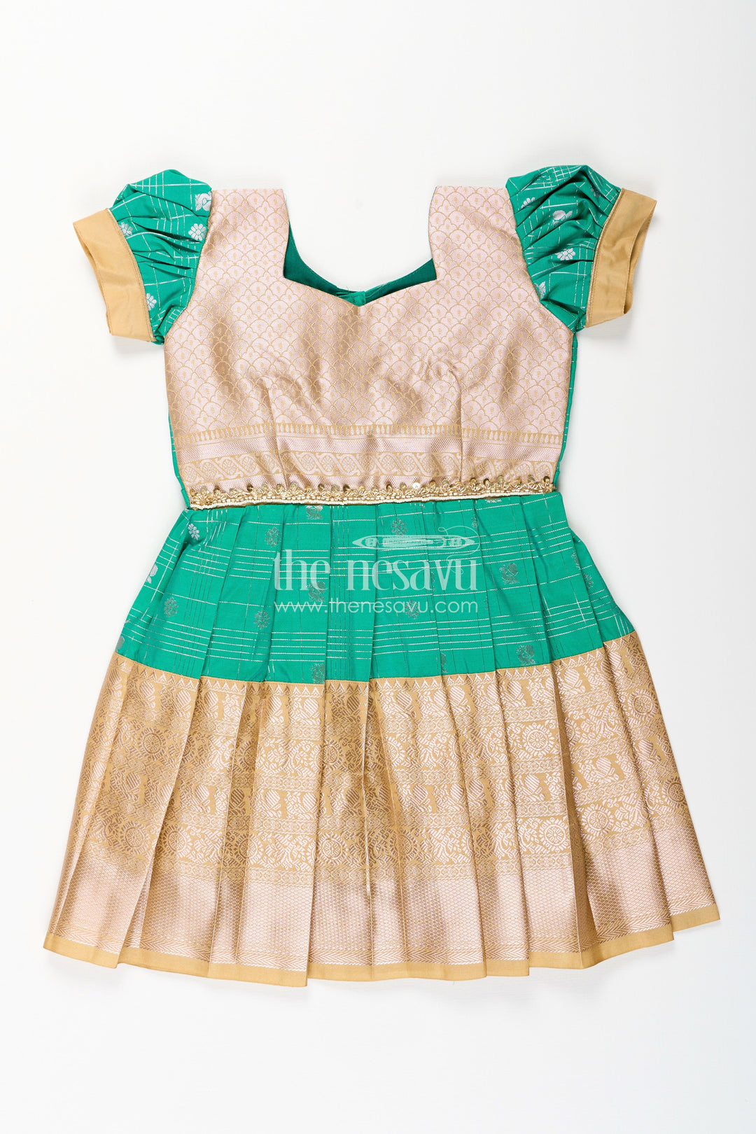 The Nesavu Girls Kanchi Silk Frock Girls Frocks Designs in Green Semi Kanchivaram Silk with Thread Embroidery and Lace Dupatta Nesavu 14 (6M) / Green / Style 6 SF837FF-14 Nesavu Girls Green Frocks Designs in Semi Kanchivaram Silk with Embroidery and Lace Dupatta