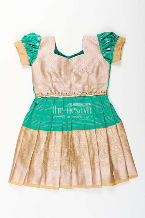 The Nesavu Girls Kanchi Silk Frock Girls Frocks Designs in Green Semi Kanchivaram Silk with Thread Embroidery and Lace Dupatta Nesavu 14 (6M) / Green / Style 6 SF837FF-14 Nesavu Girls Green Frocks Designs in Semi Kanchivaram Silk with Embroidery and Lace Dupatta