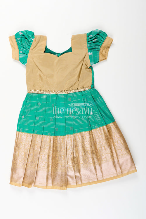 The Nesavu Girls Kanchi Silk Frock Girls Frocks Designs in Green Semi Kanchivaram Silk with Thread Embroidery and Lace Dupatta Nesavu 14 (6M) / Green / Style 7 SF837FG-14 Nesavu Girls Green Frocks Designs in Semi Kanchivaram Silk with Embroidery and Lace Dupatta