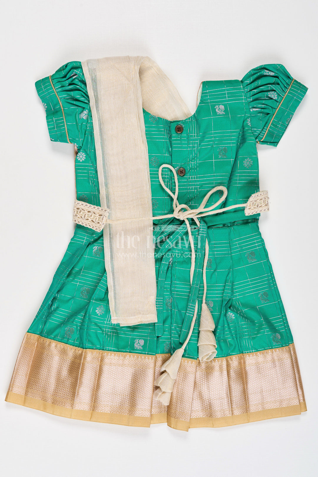 The Nesavu Girls Kanchi Silk Frock Girls Frocks Designs in Green Semi Kanchivaram Silk with Thread Embroidery and Lace Dupatta Nesavu Nesavu Girls Green Frocks Designs in Semi Kanchivaram Silk with Embroidery and Lace Dupatta