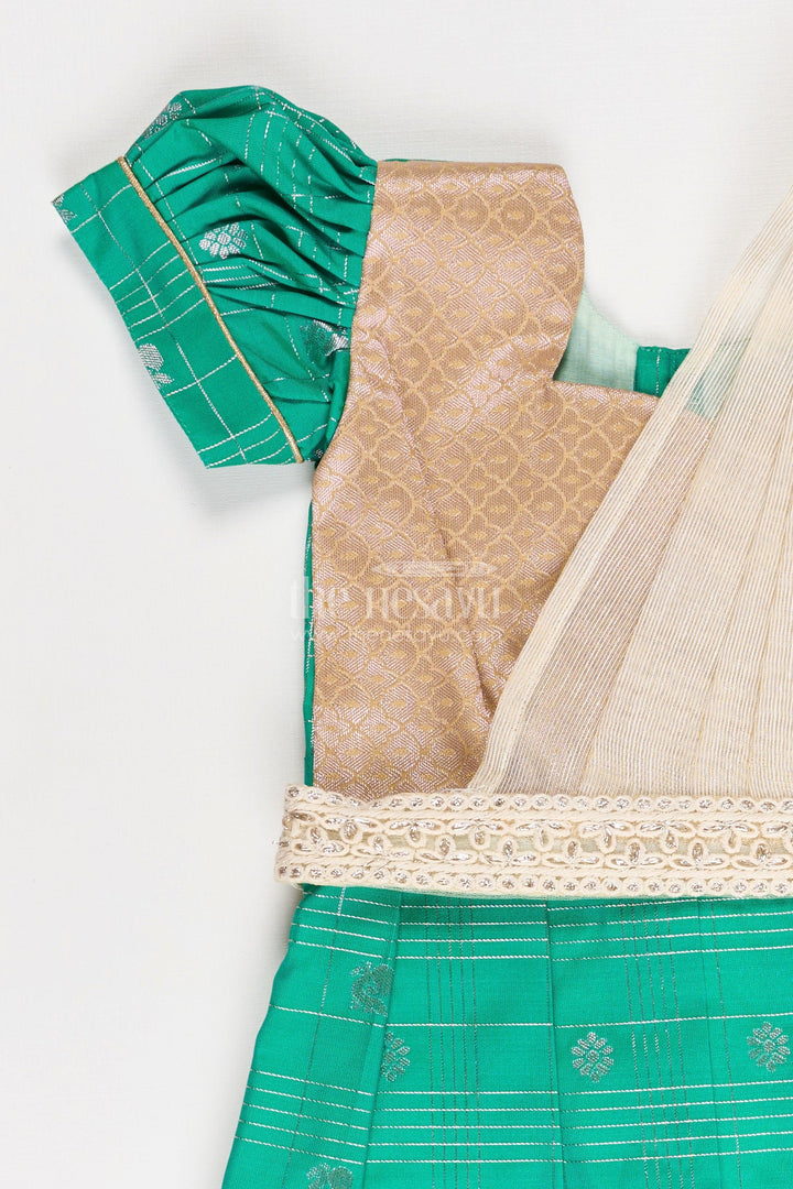 The Nesavu Girls Kanchi Silk Frock Girls Frocks Designs in Green Semi Kanchivaram Silk with Thread Embroidery and Lace Dupatta Nesavu Nesavu Girls Green Frocks Designs in Semi Kanchivaram Silk with Embroidery and Lace Dupatta