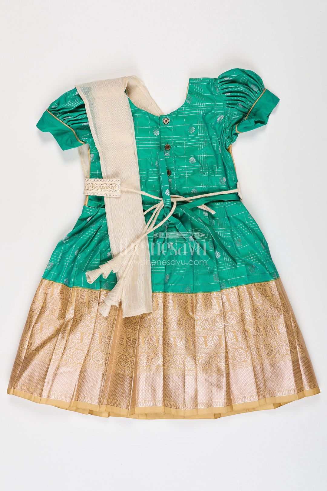 The Nesavu Girls Kanchi Silk Frock Girls Frocks Designs in Green Semi Kanchivaram Silk with Thread Embroidery and Lace Dupatta Nesavu Nesavu Girls Green Frocks Designs in Semi Kanchivaram Silk with Embroidery and Lace Dupatta