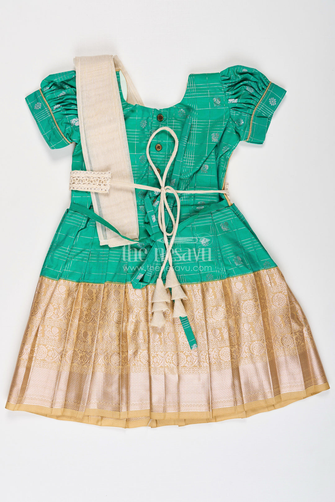 The Nesavu Girls Kanchi Silk Frock Girls Frocks Designs in Green Semi Kanchivaram Silk with Thread Embroidery and Lace Dupatta Nesavu Nesavu Girls Green Frocks Designs in Semi Kanchivaram Silk with Embroidery and Lace Dupatta