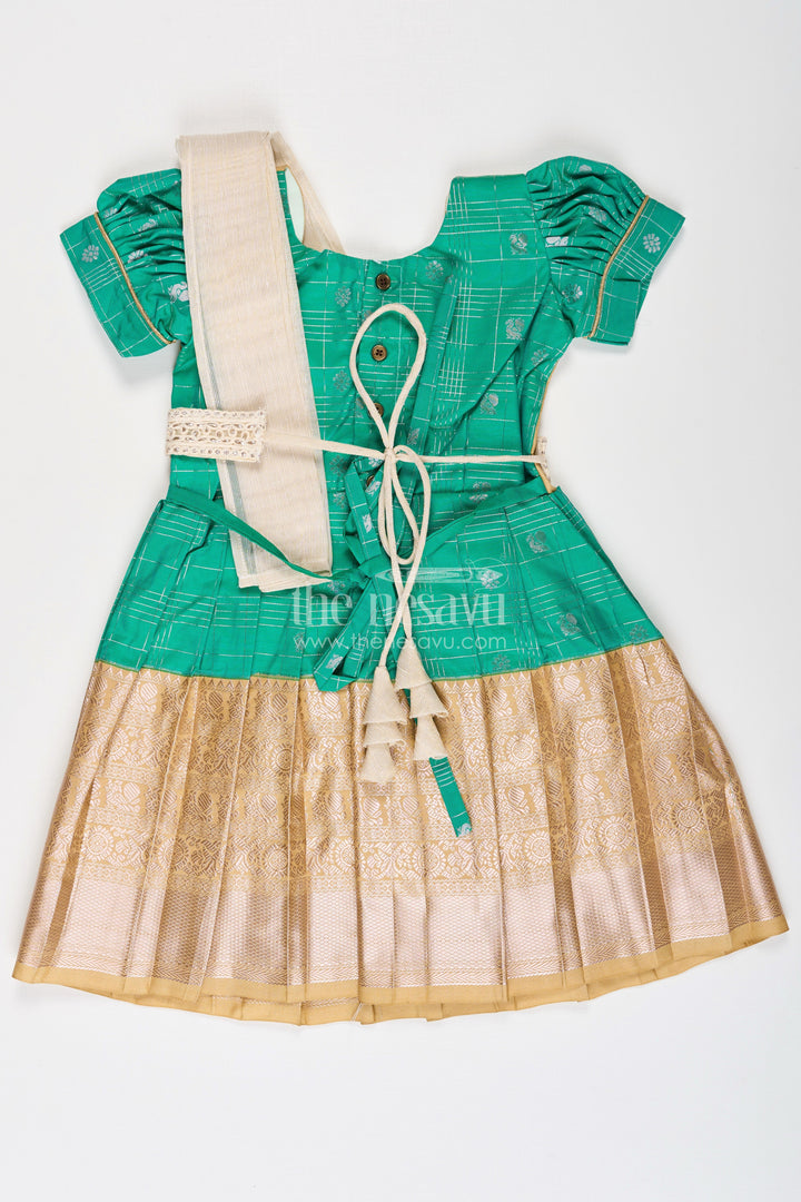 The Nesavu Girls Kanchi Silk Frock Girls Frocks Designs in Green Semi Kanchivaram Silk with Thread Embroidery and Lace Dupatta Nesavu Nesavu Girls Green Frocks Designs in Semi Kanchivaram Silk with Embroidery and Lace Dupatta