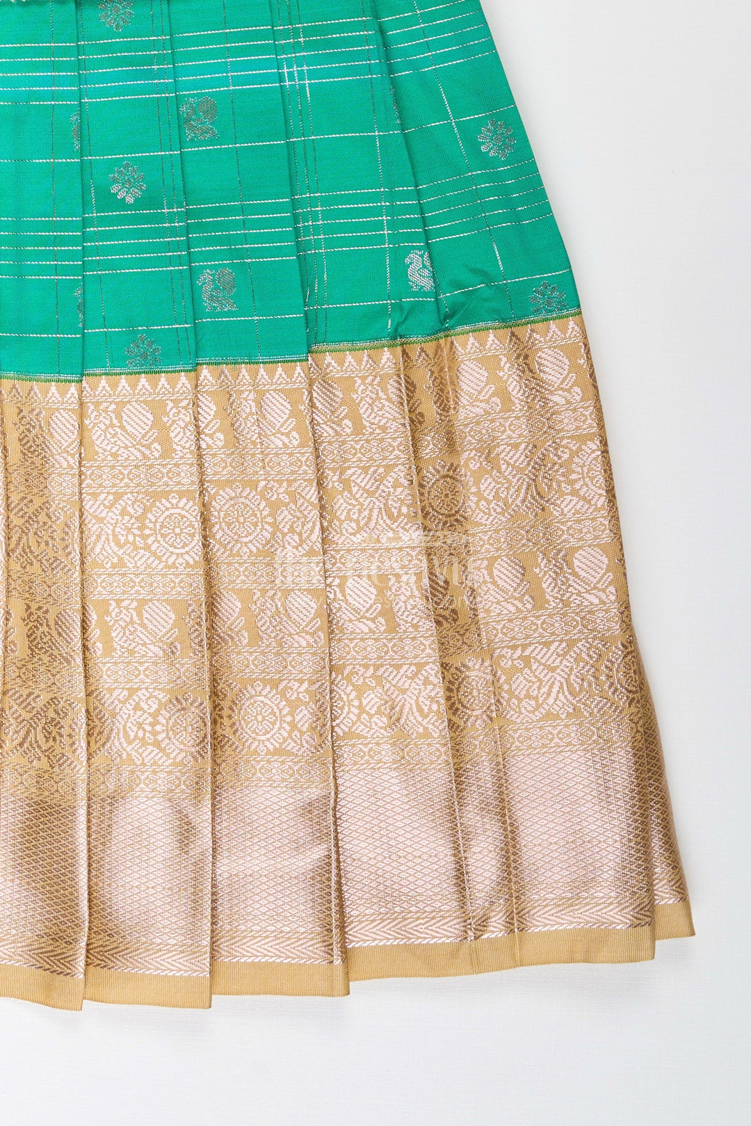The Nesavu Girls Kanchi Silk Frock Girls Frocks Designs in Green Semi Kanchivaram Silk with Thread Embroidery and Lace Dupatta Nesavu Nesavu Girls Green Frocks Designs in Semi Kanchivaram Silk with Embroidery and Lace Dupatta