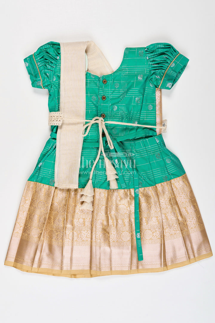 The Nesavu Girls Kanchi Silk Frock Girls Frocks Designs in Green Semi Kanchivaram Silk with Thread Embroidery and Lace Dupatta Nesavu Nesavu Girls Green Frocks Designs in Semi Kanchivaram Silk with Embroidery and Lace Dupatta
