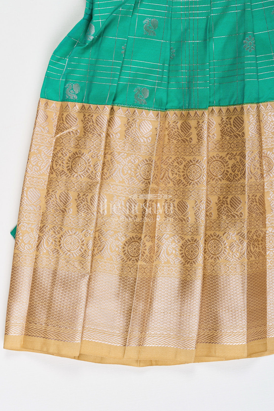 The Nesavu Girls Kanchi Silk Frock Girls Frocks Designs in Green Semi Kanchivaram Silk with Thread Embroidery and Lace Dupatta Nesavu Nesavu Girls Green Frocks Designs in Semi Kanchivaram Silk with Embroidery and Lace Dupatta