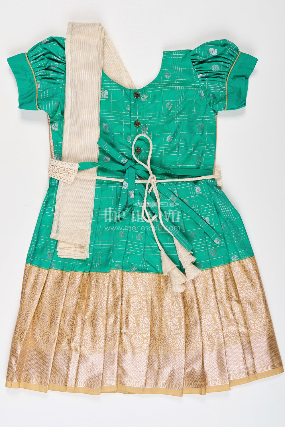 The Nesavu Girls Kanchi Silk Frock Girls Frocks Designs in Green Semi Kanchivaram Silk with Thread Embroidery and Lace Dupatta Nesavu Nesavu Girls Green Frocks Designs in Semi Kanchivaram Silk with Embroidery and Lace Dupatta