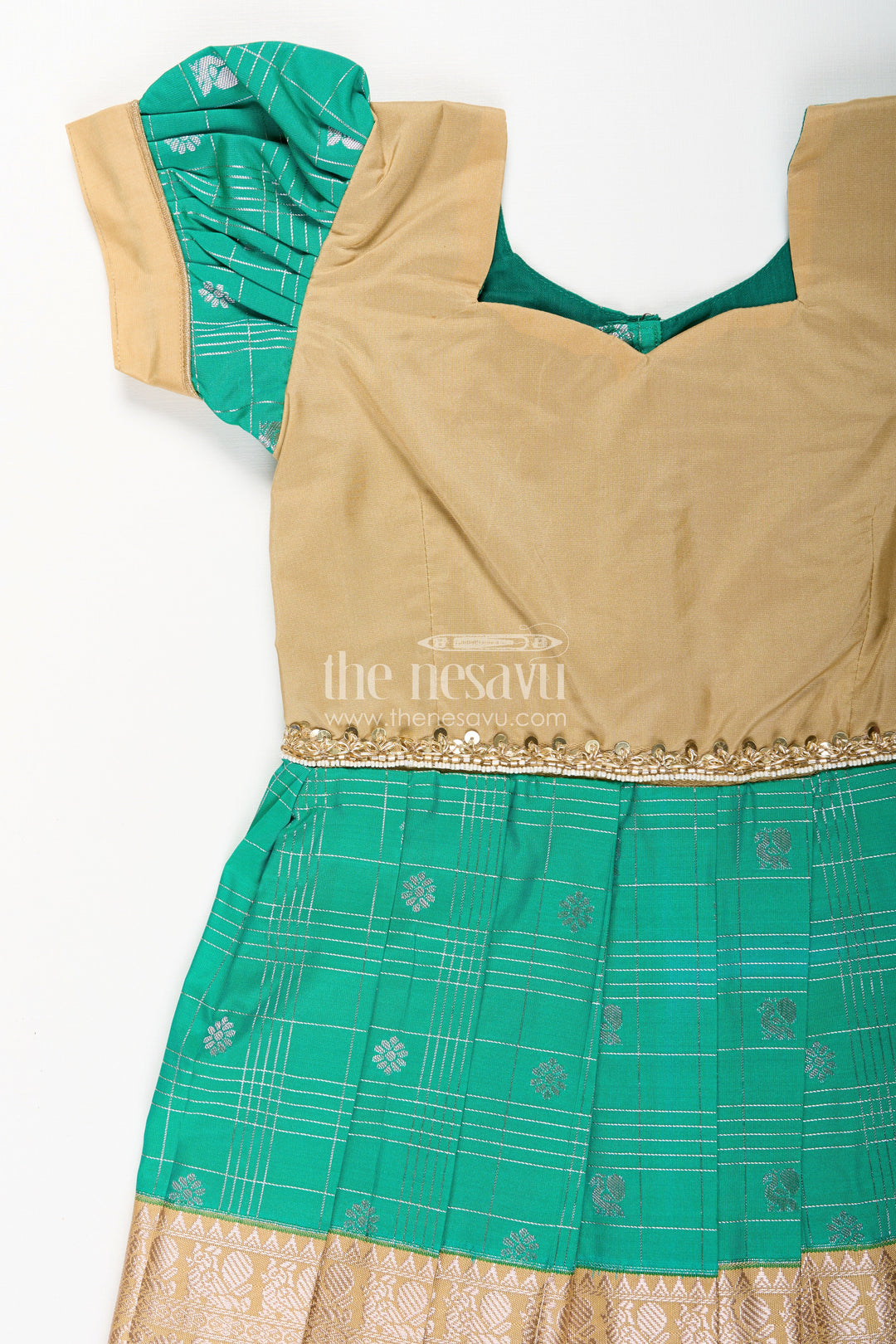The Nesavu Girls Kanchi Silk Frock Girls Frocks Designs in Green Semi Kanchivaram Silk with Thread Embroidery and Lace Dupatta Nesavu Nesavu Girls Green Frocks Designs in Semi Kanchivaram Silk with Embroidery and Lace Dupatta