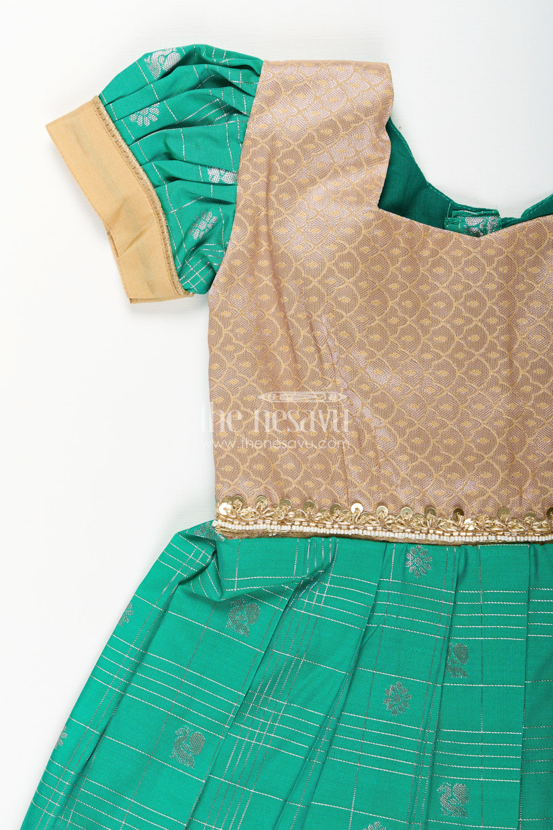 The Nesavu Girls Kanchi Silk Frock Girls Frocks Designs in Green Semi Kanchivaram Silk with Thread Embroidery and Lace Dupatta Nesavu Nesavu Girls Green Frocks Designs in Semi Kanchivaram Silk with Embroidery and Lace Dupatta