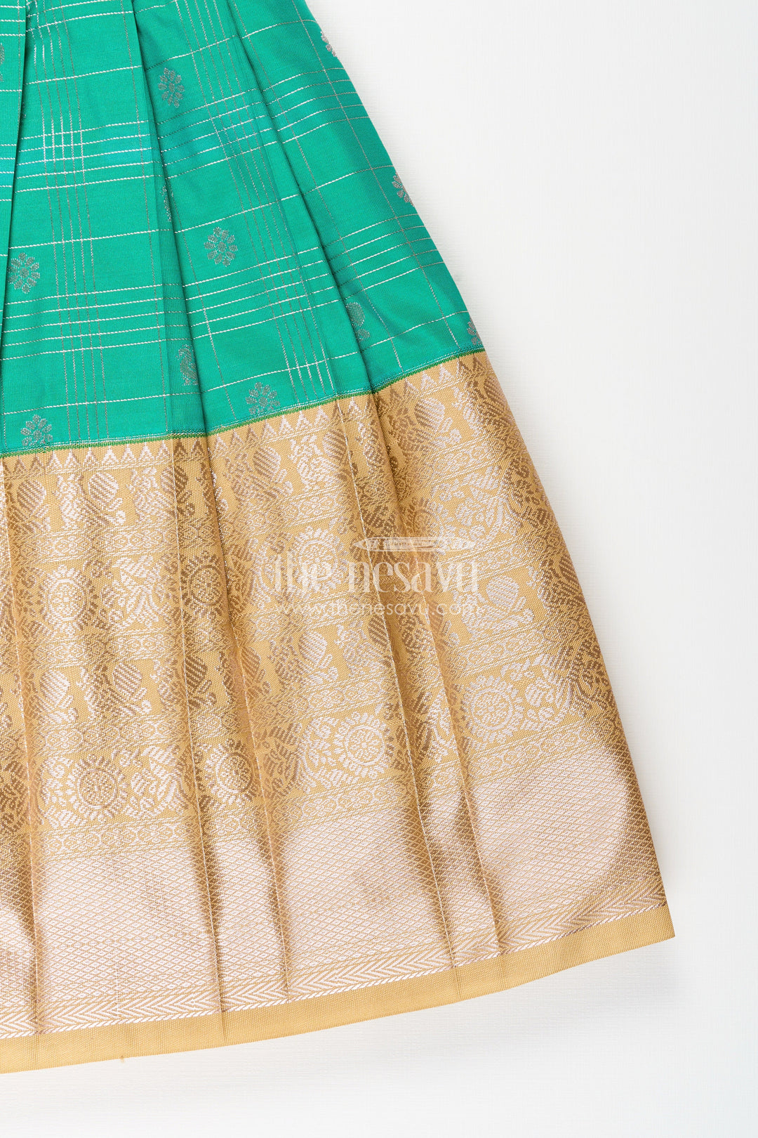 The Nesavu Girls Kanchi Silk Frock Girls Frocks Designs in Green Semi Kanchivaram Silk with Thread Embroidery and Lace Dupatta Nesavu Nesavu Girls Green Frocks Designs in Semi Kanchivaram Silk with Embroidery and Lace Dupatta