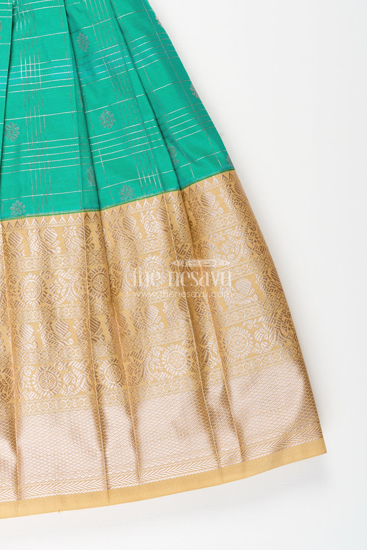 The Nesavu Girls Kanchi Silk Frock Girls Frocks Designs in Green Semi Kanchivaram Silk with Thread Embroidery and Lace Dupatta Nesavu Nesavu Girls Green Frocks Designs in Semi Kanchivaram Silk with Embroidery and Lace Dupatta