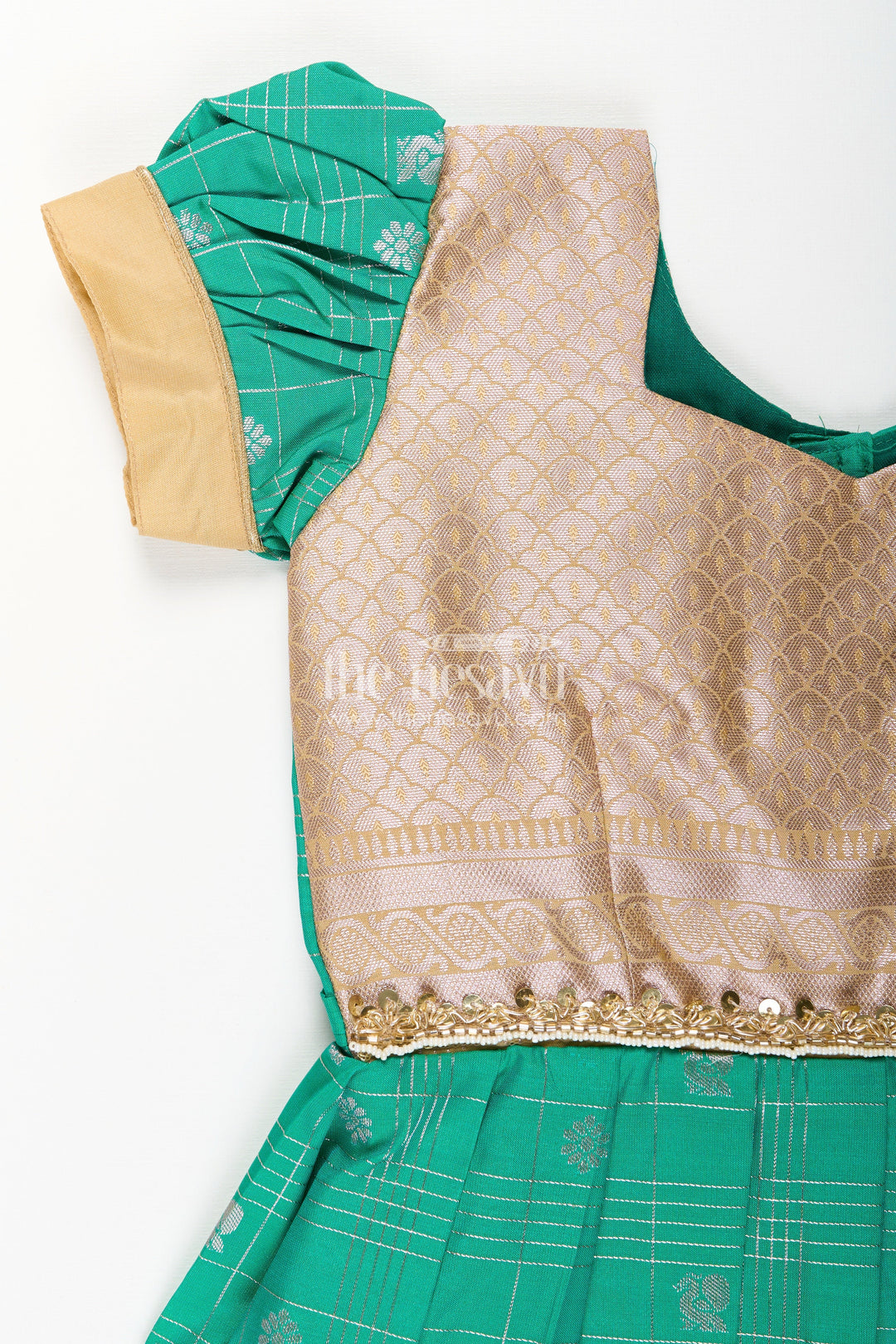 The Nesavu Girls Kanchi Silk Frock Girls Frocks Designs in Green Semi Kanchivaram Silk with Thread Embroidery and Lace Dupatta Nesavu Nesavu Girls Green Frocks Designs in Semi Kanchivaram Silk with Embroidery and Lace Dupatta