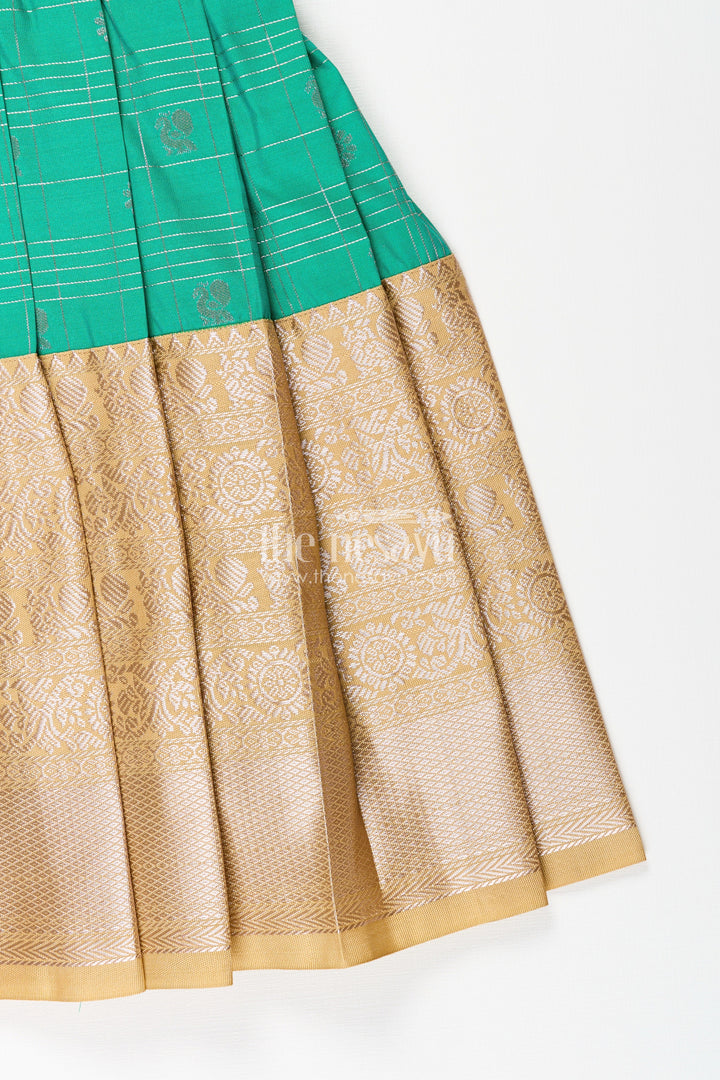 The Nesavu Girls Kanchi Silk Frock Girls Frocks Designs in Green Semi Kanchivaram Silk with Thread Embroidery and Lace Dupatta Nesavu Nesavu Girls Green Frocks Designs in Semi Kanchivaram Silk with Embroidery and Lace Dupatta