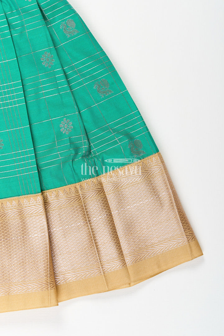 The Nesavu Girls Kanchi Silk Frock Girls Frocks Designs in Green Semi Kanchivaram Silk with Thread Embroidery and Lace Dupatta Nesavu Nesavu Girls Green Frocks Designs in Semi Kanchivaram Silk with Embroidery and Lace Dupatta