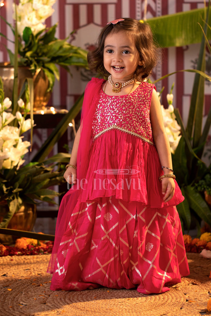 The Nesavu Girls Lehenga Choli Girls Fuchsia 3-Piece Sharara Set with Sequined Top and Layered Skirt Nesavu 16 (1Y) / Pink GL483B-16 Nesavu Girls Fuchsia 3-Piece Sharara Set Sequined Top Layered Skirt Festive Events