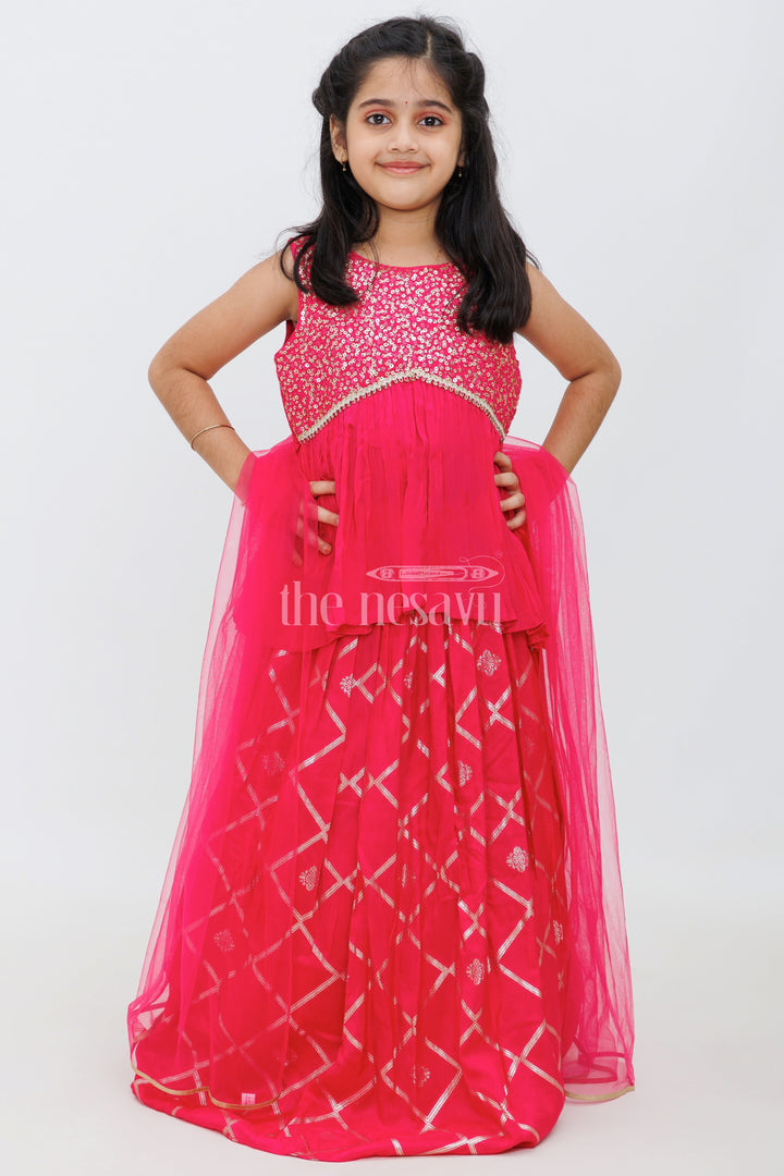 The Nesavu Girls Lehenga Choli Girls Fuchsia 3-Piece Sharara Set with Sequined Top and Layered Skirt Nesavu Nesavu Girls Fuchsia 3-Piece Sharara Set Sequined Top Layered Skirt Festive Events