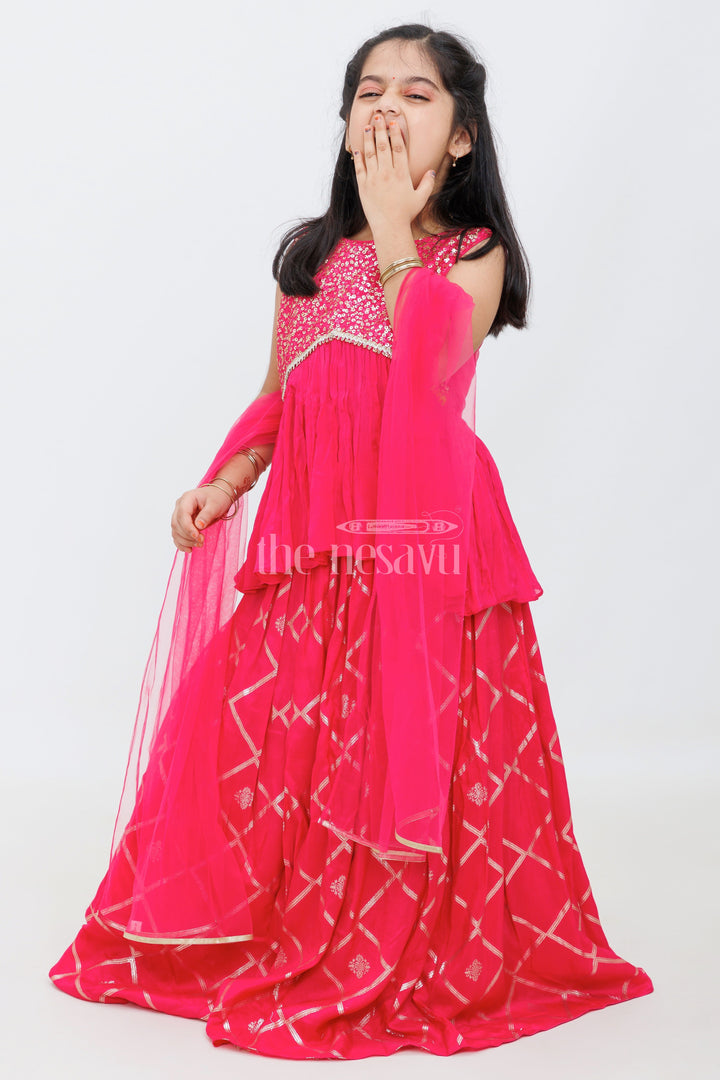 The Nesavu Girls Lehenga Choli Girls Fuchsia 3-Piece Sharara Set with Sequined Top and Layered Skirt Nesavu Nesavu Girls Fuchsia 3-Piece Sharara Set Sequined Top Layered Skirt Festive Events