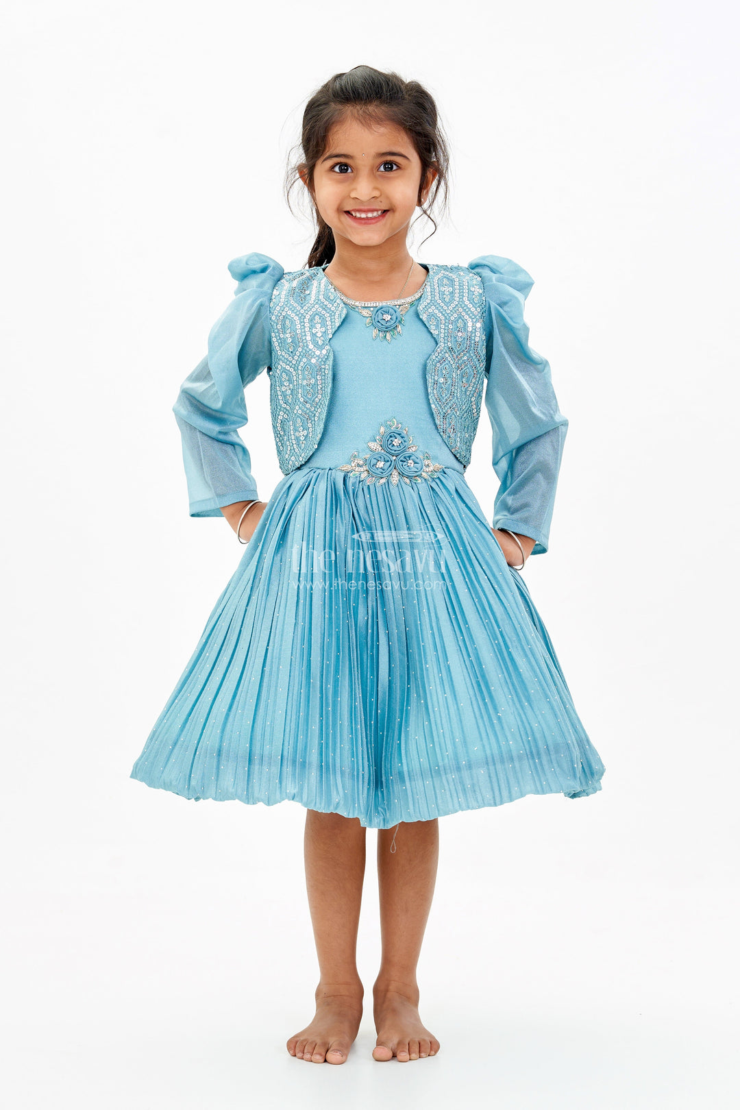 The Nesavu Silk Party Frock Girls Full Frock Dress for Reception with Sequin Jacket and Pleated Flared Skirt for a Grand Look Nesavu 18 (2Y) / Silver SF972A-18 Girls Full Frock Dress Reception Sequin Jacket Pleated Flared Skirt | The Nesavu