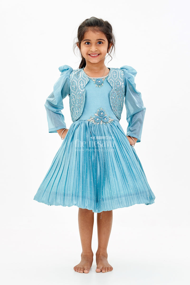 The Nesavu Silk Party Frock Girls Full Frock Dress for Reception with Sequin Jacket and Pleated Flared Skirt for a Grand Look Nesavu 18 (2Y) / Silver SF972A-18 Girls Full Frock Dress Reception Sequin Jacket Pleated Flared Skirt | The Nesavu