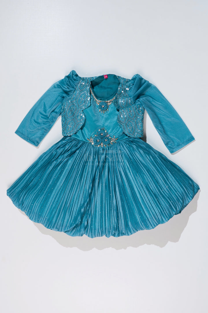 The Nesavu Silk Party Frock Girls Full Frock Dress for Reception with Sequin Jacket and Pleated Flared Skirt for a Grand Look Nesavu Girls Full Frock Dress Reception Sequin Jacket Pleated Flared Skirt | The Nesavu