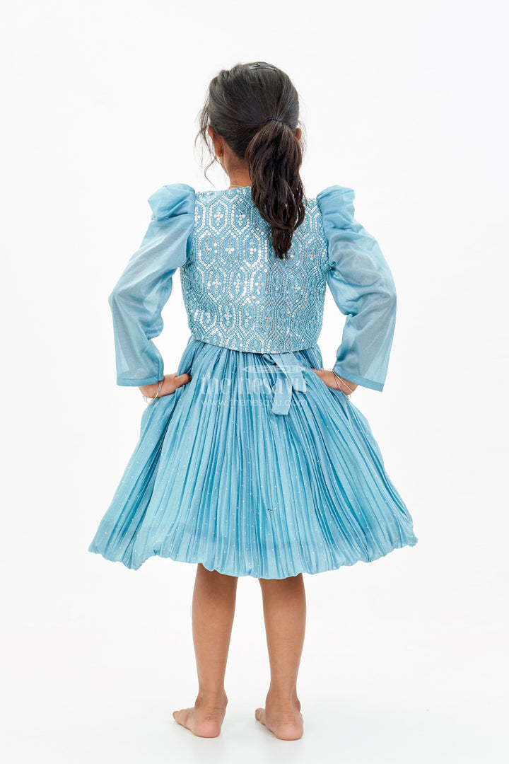 The Nesavu Silk Party Frock Girls Full Frock Dress for Reception with Sequin Jacket and Pleated Flared Skirt for a Grand Look Nesavu Girls Full Frock Dress Reception Sequin Jacket Pleated Flared Skirt | The Nesavu
