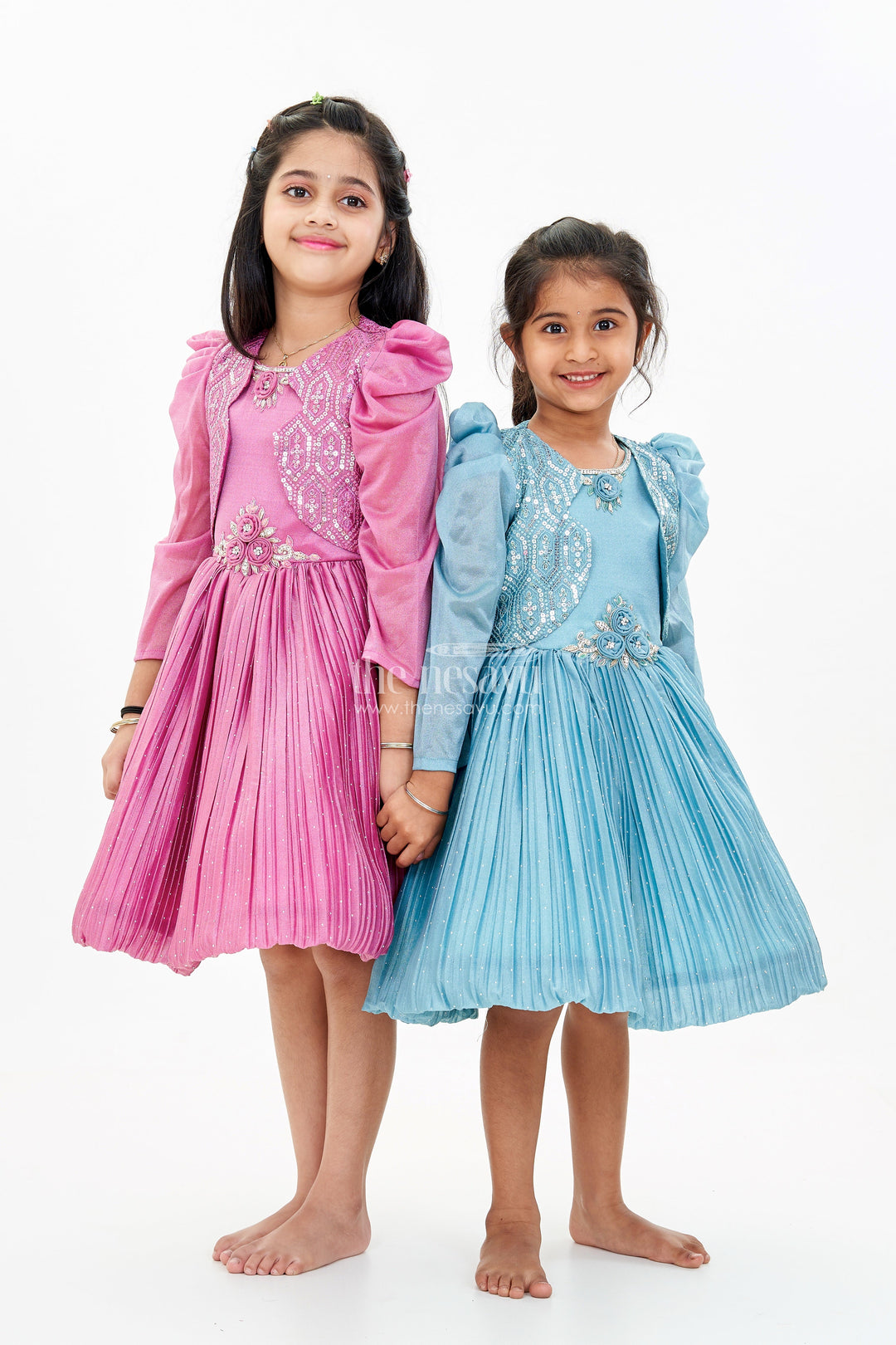The Nesavu Silk Party Frock Girls Full Frock Dress for Reception with Sequin Jacket and Pleated Flared Skirt for a Grand Look Nesavu Girls Full Frock Dress Reception Sequin Jacket Pleated Flared Skirt | The Nesavu